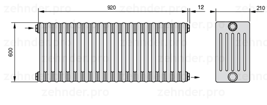 Схема (чертеж) Радиатор Zehnder Charleston 6060/20 №1670 Белый глянцевый RAL 9016